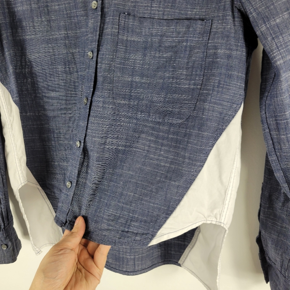 Marissa Webb Chambray White Colorblock Long Sleeve High Low Button Up Top - Picture 4 of 8